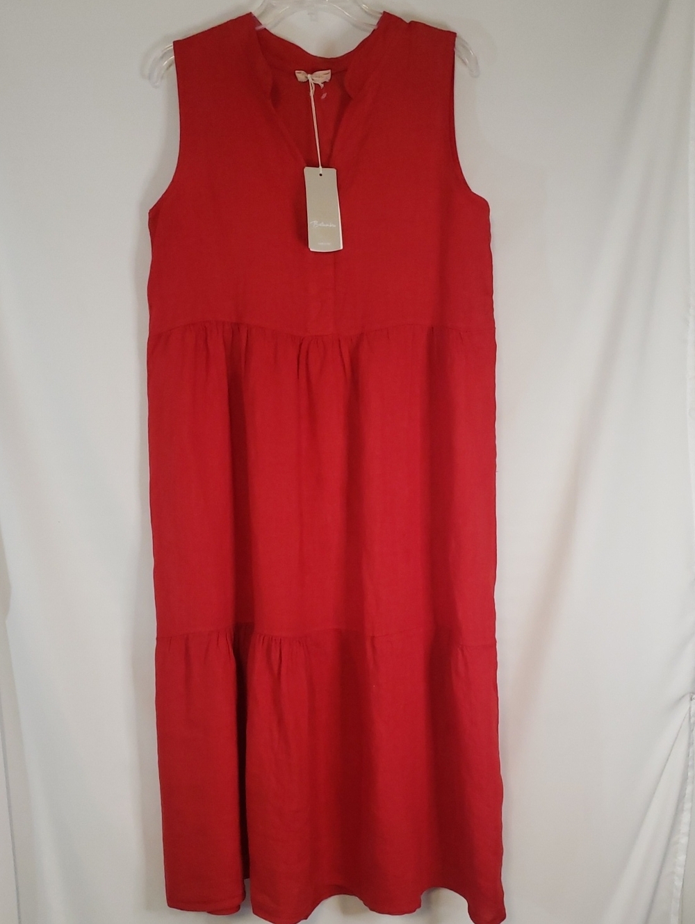 Bellambra Italian 100% Linen Women's Sleeveless Red Tiered Midi Dress